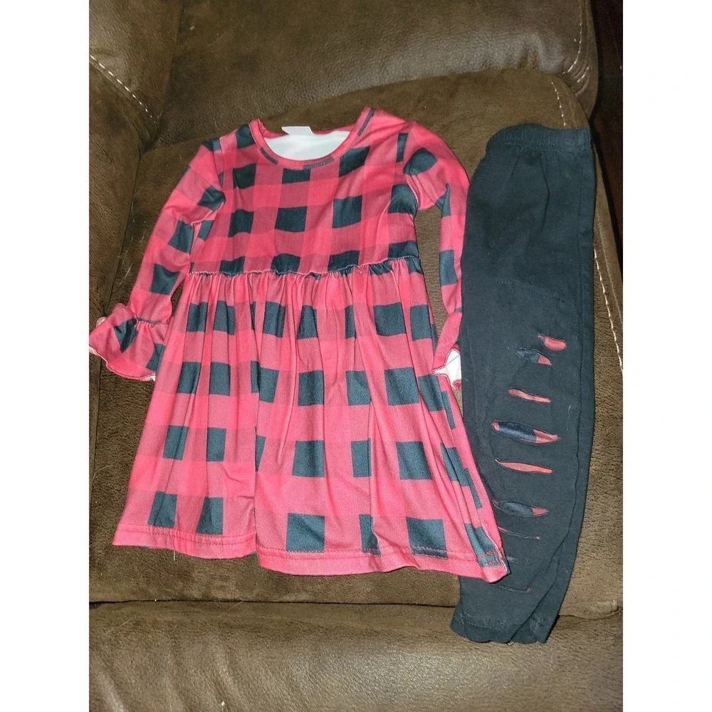 Boutique Buffalo plaid dress‎ and leggings size xs 4 5 Christmas holiday